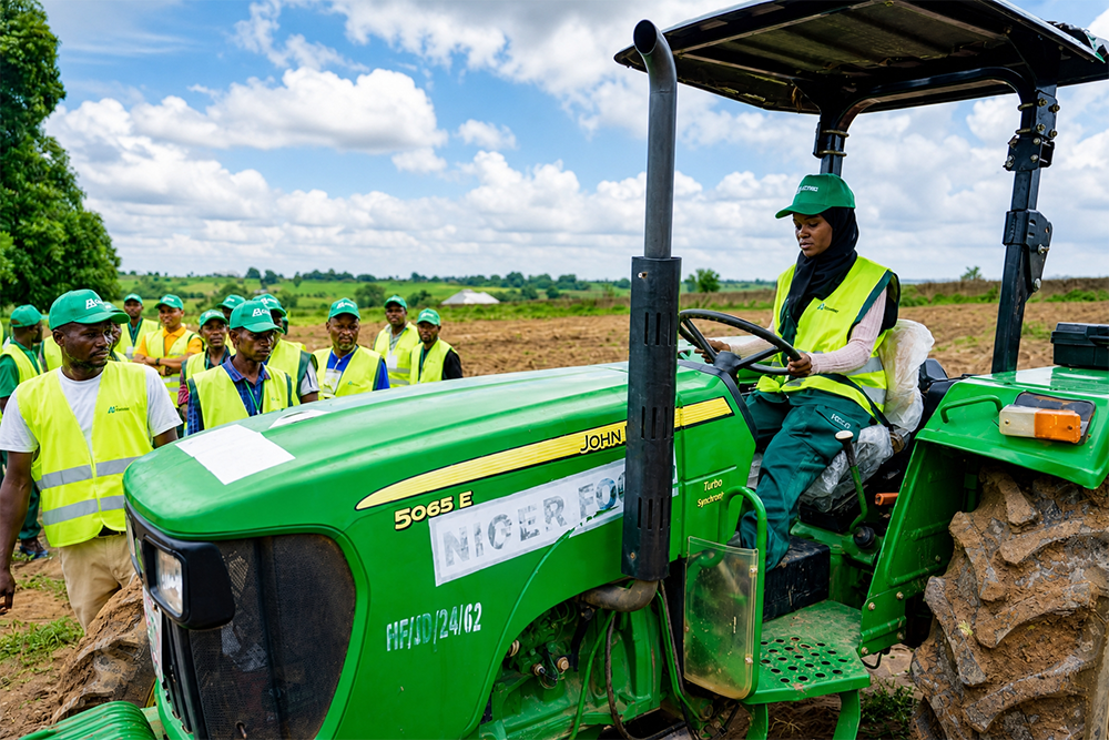 Woman driving a john deer